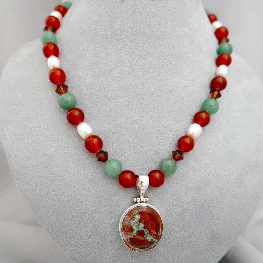 Gemstone and Pearl Necklace with Brazilian Mineral Pendant - Sterling Silver